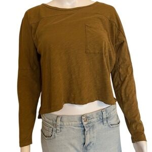 Madwell Effortless Brown Mustard Long sleeve Cotton Bateau Neck Cropped Top XS